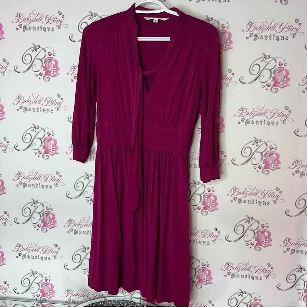 Trina Turk Pink Long Sleeve sundress tie up ribbon belt neckline